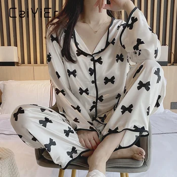 CAIYIER de Mătase Nou Set de Pijamale Pentru Femei Maneca Lunga Sexy Pijamale Drăguț Bowknot Lenjerie de Imprimare Set de Pijama Fete Homewear M-2XL