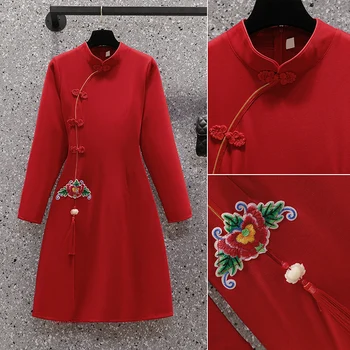 Canaf cu Maneca Lunga Rosu Plus Size M-4XL Iarna Toamna Petrecere Casual Qipao Tradițională Chineză Haine Femei Moderne Cheongsam dressup