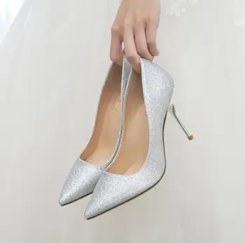 Carpaton Sclipici De Argint Impodobita Pantofi De Nunta 2019 Sexy Degetul Ascutit Toc Înalt Pantofi De Dimensiuni Mari 41 Rochie De Petrecere Tocuri Șampanie