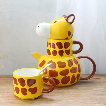 Ceainic Ceramic+Cupa Cu Capac Set de Lingura 3D Girafa Animal Cana de Desene animate Cafea Ceai Lapte Cana Cadou de Ziua de nastere Pentru Prieteni Fete Copii