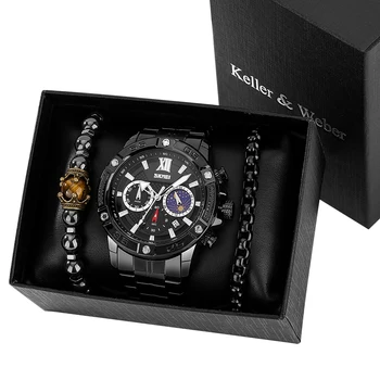 Ceas pentru Bărbați Multifuncțional Cronograf Cuarț Ceas de Lux de Moda Brățară Set Cadou pentru bărbați din Oțel Inoxidabil Ceas de mână Reloj