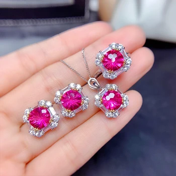 Cercei 2022 Tendință de Argint Inele de Culoare Bling Pink Cristal Round Cut Zircon Bijuterii Set Colier pentru Femei Moda Bijuterii