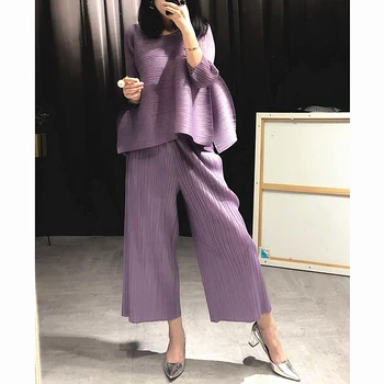 Changpleat 2018 vrac femei seturi Miyak Cutat moda Solid pantaloni largi și tricouri Două bucăți Femei Plus Dimensiune Costume de Maree