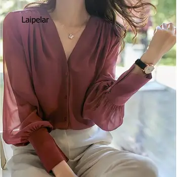 Chic solid pieptul Singur felinar Manșon Șifon tricou Femei de Moda coreeană V-neck bluza vrac 2021 new street topuri de vara