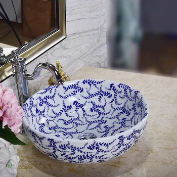China Artistic lucrate Manual din Ceramica chiuveta Lavobo Rotund Contor de top din ceramica chiuveta albastru și alb