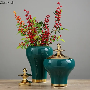 Chinezii De Culoare Verde Închis Ceramice General Borcan Uscat Vaza De Flori Aranjament De Flori De Boabe De Cafea Bomboane Ceai De Depozitare Sticla Decor Acasă