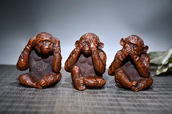 Chineză cimișir sculptură trei maimuță birou ornamente ornamente la domiciliu