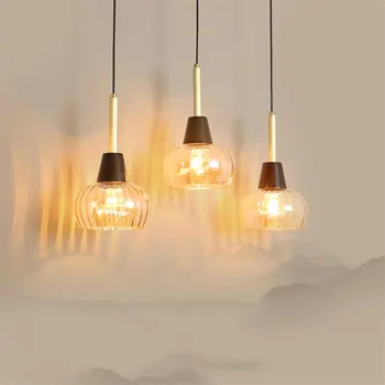 Chineză lemn de nuc de culoare pandantiv de sticlă lumini camera de zi sala de mese de lumină led masă noptiera singur cap lampi