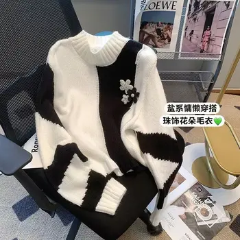 Contrastul De Culoare Floral Pulover Tricotat Pentru Femei De Epocă Elegant De Moda Pulover Vrac Topuri Cu Maneci Lungi Coreean Chic Doamnelor Jumperi