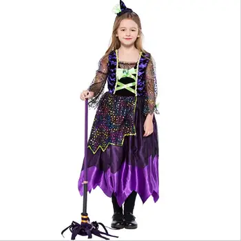 Copil Fete Costum de Halloween Vrăjitoare Printesa Lung Mov Rochie Plisată Haine de Festival Cadou Strălucire Costum Pentru Copii S-XL