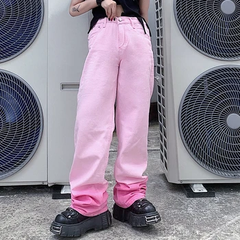 Coreea de vara High Street Retro Harajuku Tie-dye Gradient de Roz Talie Mare Picior Drept Pantaloni Jeans Femei
