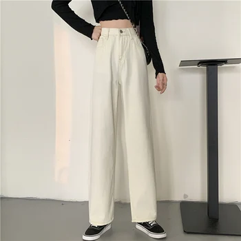 Coreeană Blugi Femei Pantaloni Largi de Înaltă Talie Casual Drept-Picior Pantaloni Doamnelor Moda Vrac Colector Pantaloni sex Feminin toamna/Primavara