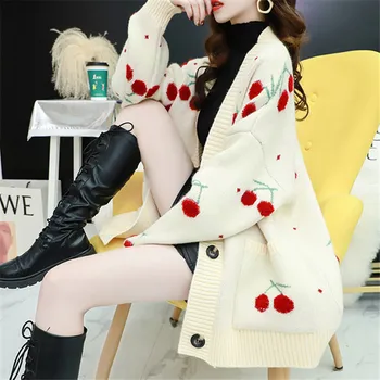 Coreeană Pulover Tricotat Pentru Femei Cardigan Vrac Jumperi Doamnelor Cherry Broderie V-Neck Maneca Lunga Mare Pocket Knit Jachete Femei