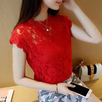 Coreeană de Moda de Îmbrăcăminte Solidă fără Mâneci Cămașă Roșie Femei Dantelă Bluza de Vara Femei Topuri si Bluze Blusas Mujer Y640