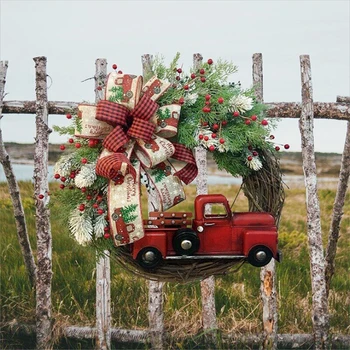 Coronita De Craciun Handmade Artificiale De Viță De Vie Agățat Ornamente Camion Roșu Florale Frunze Ghirlanda De Anul Nou Xmas Și Decorații De Brad