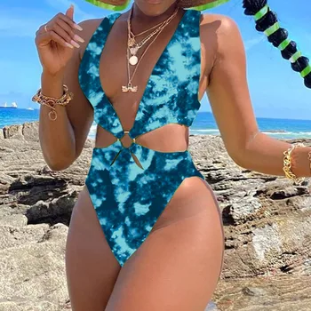 Costum de baie Femei Brazilieni Bandaj Set de Bikini V-neck Push-Up-O bucată de Costume de baie Gol Afară de costume de Baie pe Plajă Gradient Print