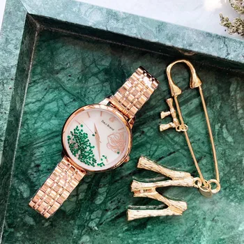 Creative Dublu de Pahare în Mișcare Cristale Ceasuri pentru Femei de Flori Sculptate Shell Încheietura ceas din Oțel Brățară Ceas Moda Ceasuri