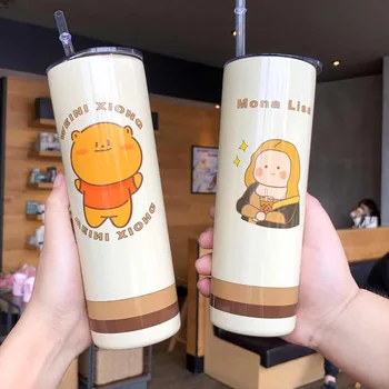 Creative Vacuum Cupa Japoneză Simplu Desen Animat De Imprimare Cani De Cafea Drăguț Student Mașină De Scurgere Dovada De Paie Vacuum Cupa