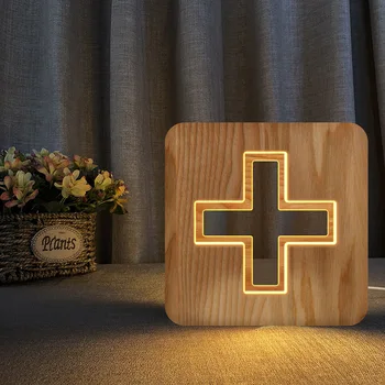 Cruce din Lemn Masiv, Decor 3D Led de Lemn Lampa USB Creative Noptiera Luminile de Noapte de Somn Copil Lămpi de Masă Lumina Alb Cald