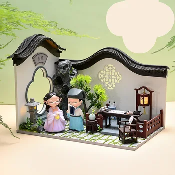 Curte chineză DIY din Lemn, Păpuși Kit Asamblat in Miniatura, Cu Stânci Tablă de șah 3D Casă de Păpuși de Jucărie Pentru Copii Adult Cadou