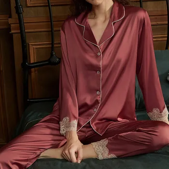 Dantela Pijamale Pour Femme Sleepwear Buton-jos Pijamalele Rever din Satin cămașă de noapte cu Maneca Lunga Acasa Haine Femei Body