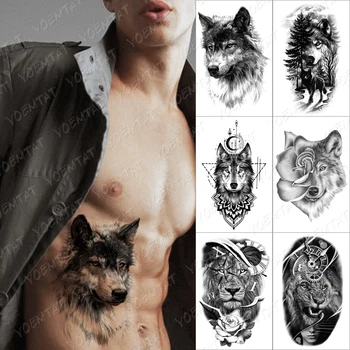 Dark Wolf Pădure Tatuaj Temporar Autocolant Pentru Barbati Femei Bufnita lione Impermeabil Fals Henna Fox Tigru Animal de Body Art Tatoo Decal