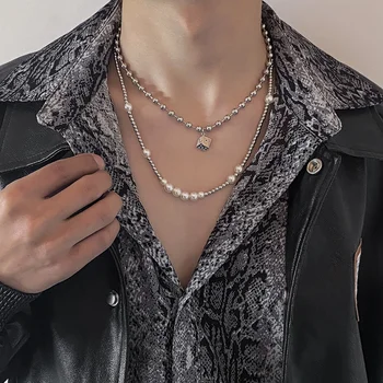 De vânzare Metal Simplu Șirag de mărgele Lanț Zaruri Pandantiv Dublu Strat de Uzură Vânt Rece Mică Cusătură Barbati Colier de Perle Accesorii en-Gros