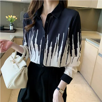 De Înaltă Calitate 2021 Primavara Toamna Femei Șifon Bluze Camasi Mozaic Cu Maneci Lungi Turndown Guler Birou Doamnă Topuri Feminin #H61