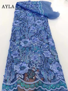 De înaltă Calitate, franceză 3D Flori Dantelă Tesatura Cer Albastru Africa Tul cu Margele Dantelă Tesatura 2022 Dantela pentru Rochii de Mireasa de Cusut 5 Metri
