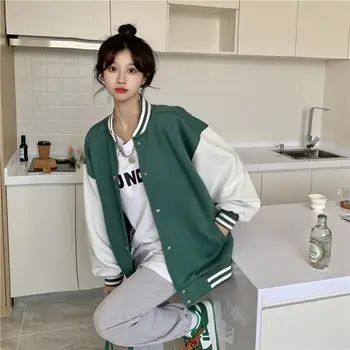Deeptown Supradimensionate Toamna Iarna Jacheta De Baseball Femei Colegiu Uniforme Coreeană De Moda Streetwear Verde Jachete De Sex Feminin Strat Liber