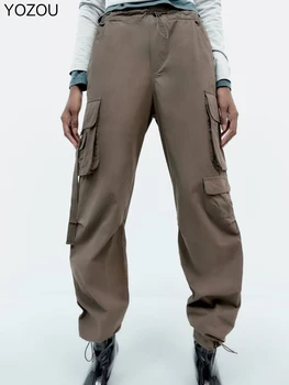 Design De Lux Largi Parașută De Marfă Pantaloni Stretch Talie Largi Picior Funduri Femei Kaki Chic Supradimensionat Buzunare Pantaloni Streetwear