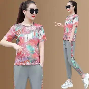 Doamnelor Sport Costum de Vara 2021 Noua Moda Vrac coreean cu mânecă Scurtă Nouă-punct de Pantaloni Slim Casual Costum din Două piese
