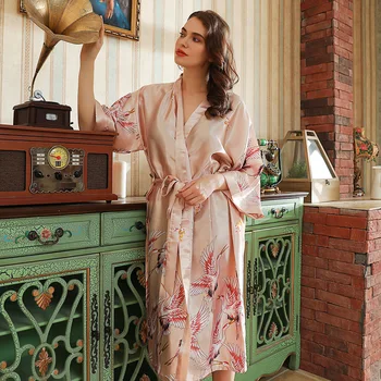 Doamnelor cămașă de noapte de Mătase Lung Kimono Mid-maneca Halat de baie Imprimare de Mireasa Halat Halat Body, Pijamale pentru Femei, Pijamale