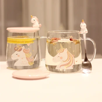 Drăguț Unicorn Cana de Sticla cu Capac Lingura Creative Cana de Cafea Cesti de Ceai Cadou Fată de uz Casnic Cana de Apa rezistente la Căldură de Sticlă Ceai de Flori