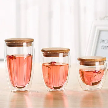Dublu Perete De Sticlă Ceașcă De Cafea Cana Cu Lemn Capac Ceai, Lapte, Bere Drinkware Manual Transparent Copa Prieten Cadou