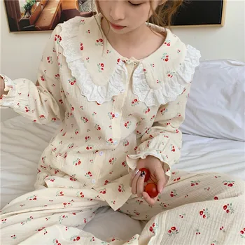 Dulce Floral Print Coreean Toamna Set De Pijama Femei Singure Pieptul Tricouri + Elastic Talie Pantaloni Două Piese De Origine Costum Sleepwear