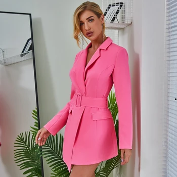 ELEGANT LADY Rose Blazer Elegant cu Curea 2020 Toamna Femei Maneca Lunga V Gât Neregulate Slim Birou Doamnă Petrecere Blazer Jacheta