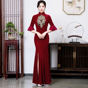 Elegant, Flare Sleeve Chesongam Stil Chinezesc Broderie Rochii Femei Tradiționale De Catifea Qipao Sirena Vestidos Partid Rochie