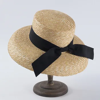 Elegant Pălărie de Paie Femei 10cm Margine Largă Pălărie de Soare Casual Naturale Paie de Grâu Plajă de Vară Pălărie Cu Arc Negru Riibon Pentru Femei