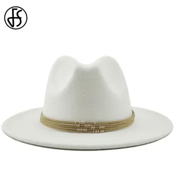 FS Lână de Iarnă Jazz Pălării Fedora Barbati Femei Cu Piele de Căprioară Centura Pălărie de Fetru Alb Galben Margine Largă Panama Trilby Oficiale de Partid Capac