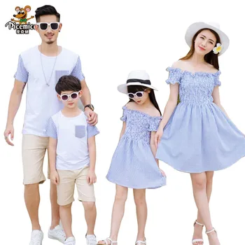 Familie de Potrivire Haine de Vară 2021 în Stil de Moda de Îmbrăcăminte de Familie cu Dungi Mama Fiica Rochii Tatăl și Fiul T-shirt, pantaloni Scurți Set
