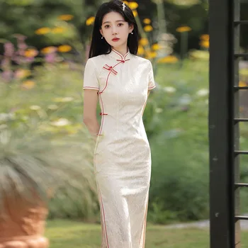 Femei Bej Lung Cheongsam Dantelă Florale Maneci Scurte Rochie de Epocă Îmbunătățit Chineză Stil Elegant Qipao S La XXL