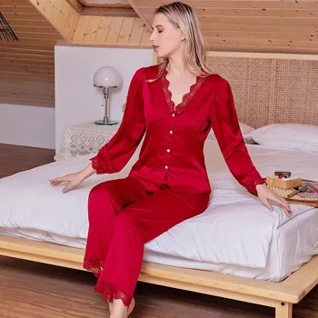 Femei Dantelă Flori de Trim 2 BUC Seturi de Pijamale Sexy V-Neck Bud Complet Maneca&Pantaloni Pijamale Pijamale Pijamale Largi Lounge Haine de Acasă