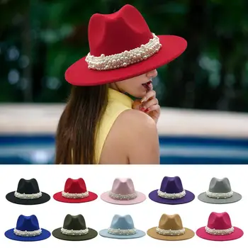Femei Elegante Simțit Fedora Pălărie Vintage Handmade Perle Margine Largă Panama Capac Moda Pălărie De Top Șirag De Mărgele De Jazz Pălărie