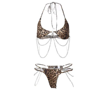 Femei Leopard Imprimate Costum de Baie de Metal Lanț Set de Bikini, Costume de baie din Două piese Halter Lace-up Sutien cu Talie Joasa cu Barete Tanga