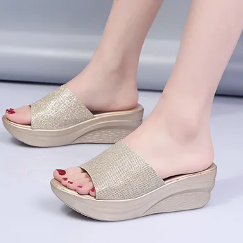 Femei Sandale de Moda Impermeabil Platforma Pantofi Casual Femei Mid-toc Gură de Pește Papuci de Vara Bling Pu Piele Doamnelor Pantofi