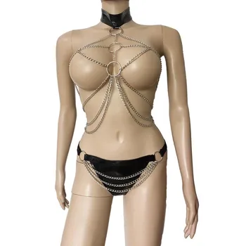 Femei Sexy Lanț de Metal Robie Decora Deschide Piept de Top Vesta cu Crampoane din Piele de Brevet Bikini Set de Lenjerie Fetish Costum