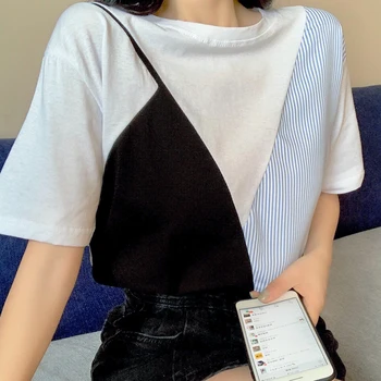 Femei T Shirt Mozaic Fals Două Piese cu Dungi Topuri de sex Feminin O de Gât Subțire Vrac Casual 2022 Vara Noua Moda Tricou Femme