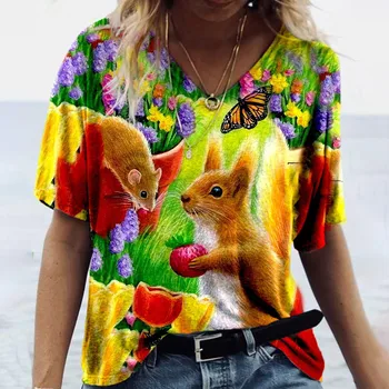 Femei T-shirt nou animal de poziționare de culoare de imprimare V-neck top de vară 2021 nou liber și confortabil women ' s wear одежда
