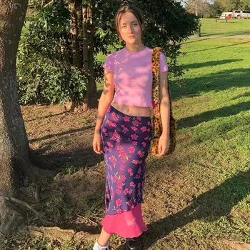 Femei Vara Boho Plaja Fuste-O Singură Bucată De Plasă De Imprimare Florale Mozaic Slim Midi Bodycon Fusta Talie Mare Funduri Casual Vocație